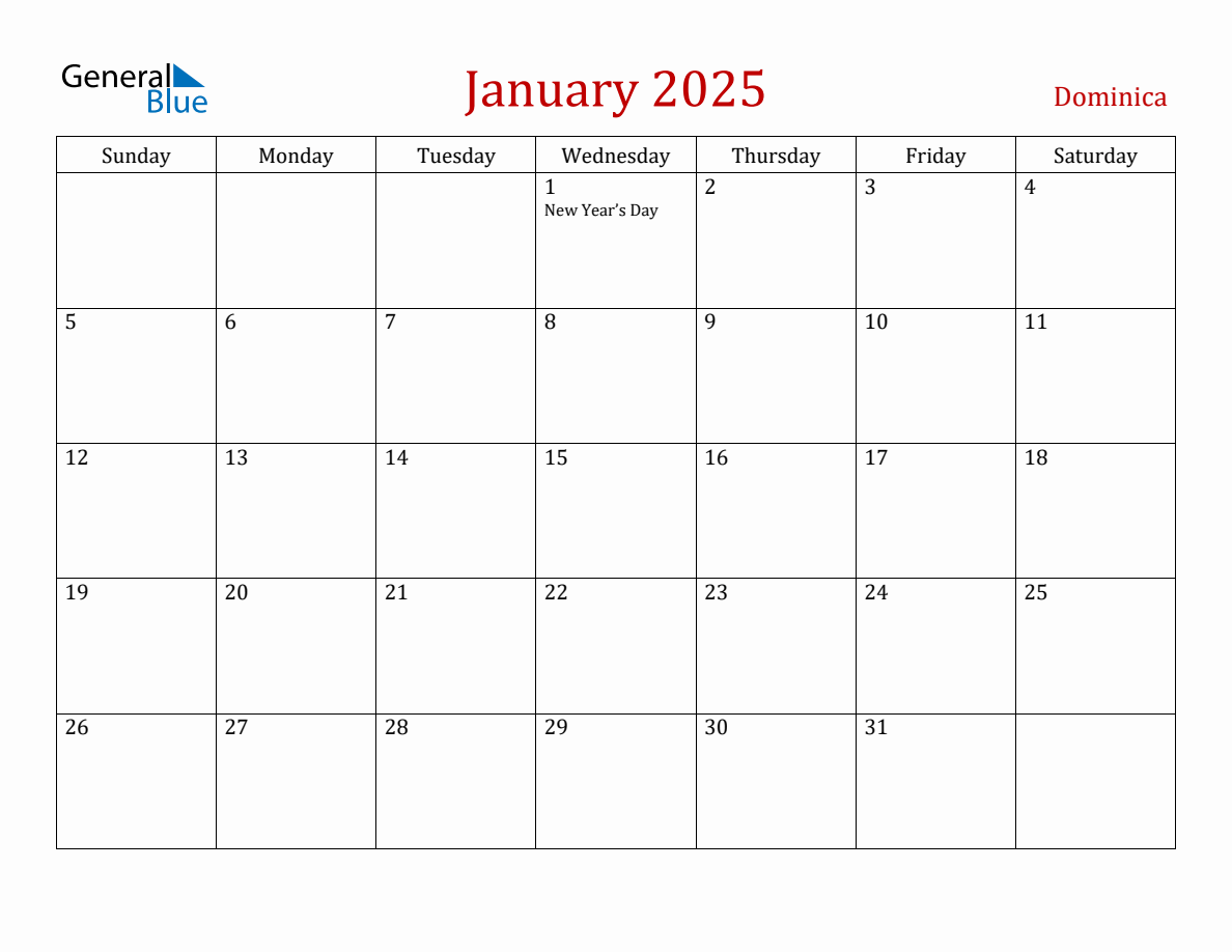 January 2025 Dominica Monthly Calendar with Holidays