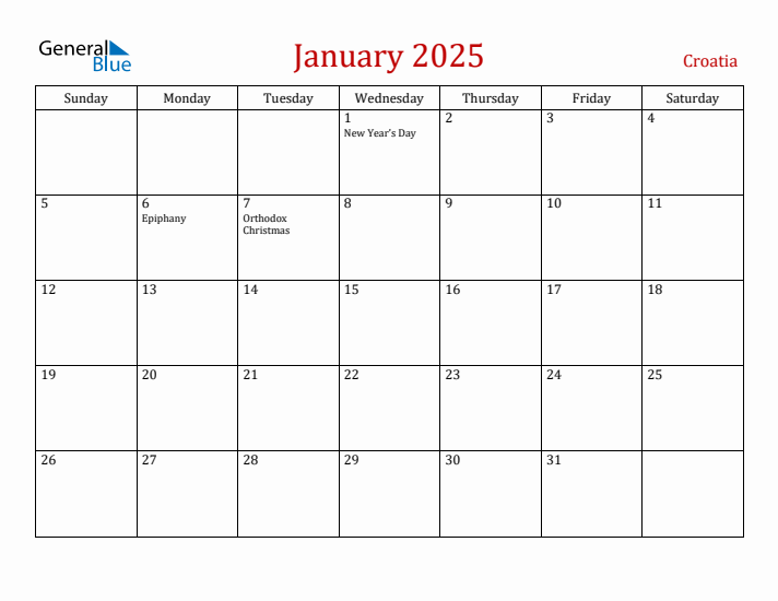 Croatia January 2025 Calendar - Sunday Start