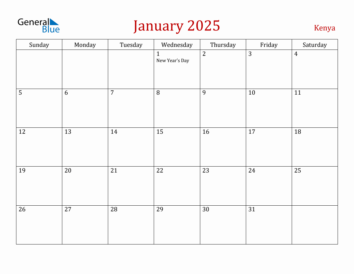 January 2025 Kenya Monthly Calendar with Holidays