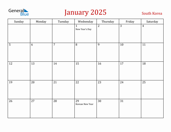South Korea January 2025 Calendar - Sunday Start