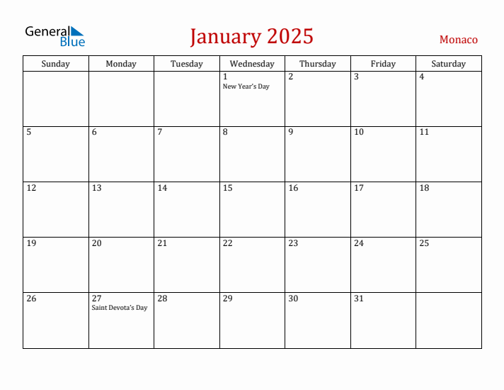 Monaco January 2025 Calendar - Sunday Start