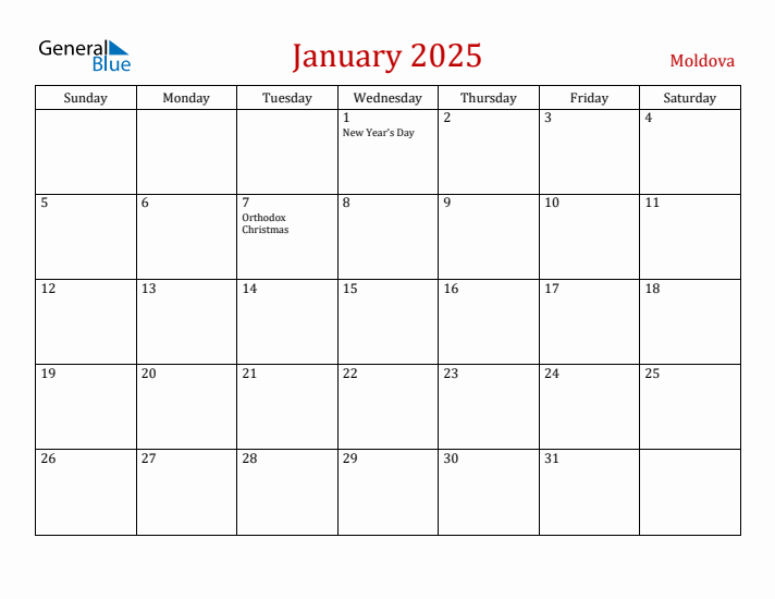 Moldova January 2025 Calendar - Sunday Start