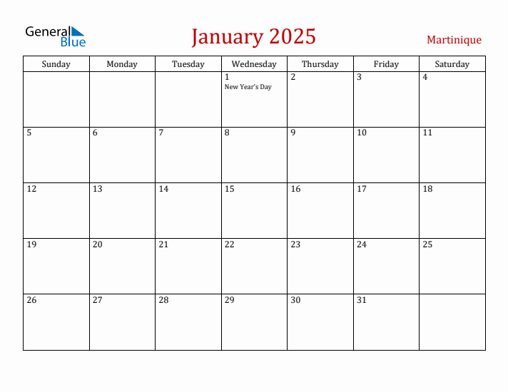 Martinique January 2025 Calendar - Sunday Start