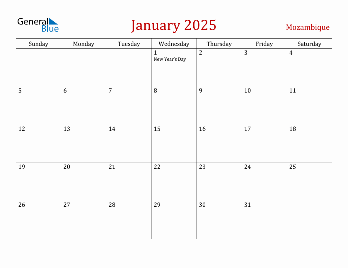 January 2025 Mozambique Monthly Calendar with Holidays