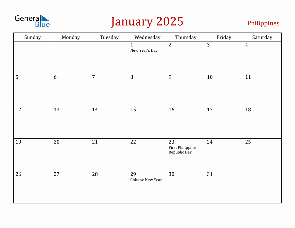 January 2025 Philippines Monthly Calendar with Holidays