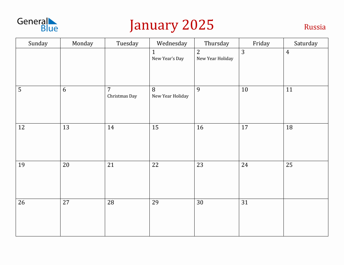 January 2025 Russia Monthly Calendar with Holidays