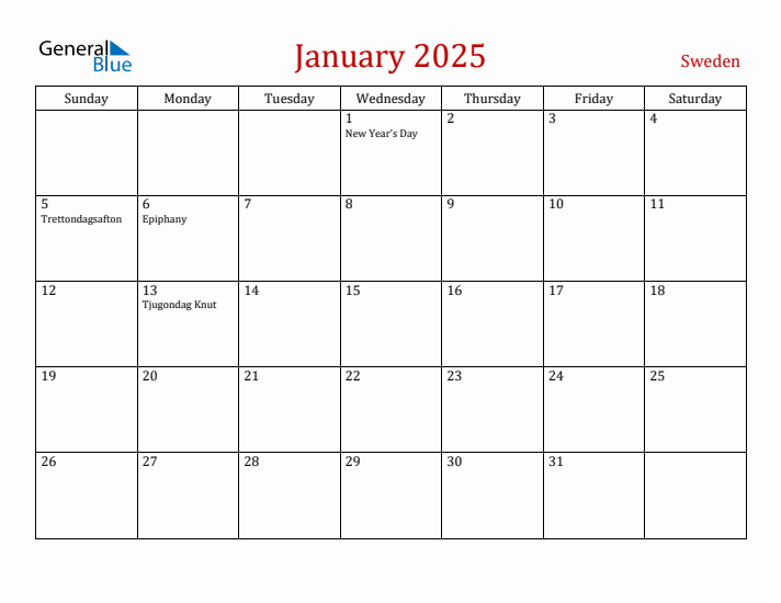 Sweden January 2025 Calendar - Sunday Start