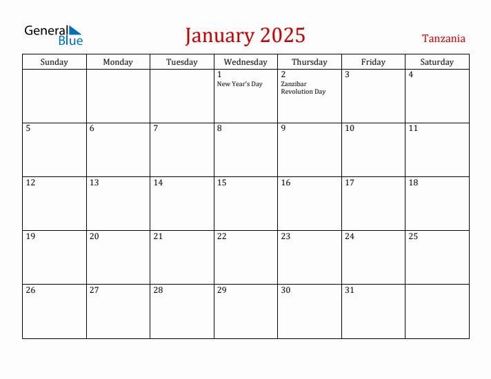 Tanzania January 2025 Calendar - Sunday Start