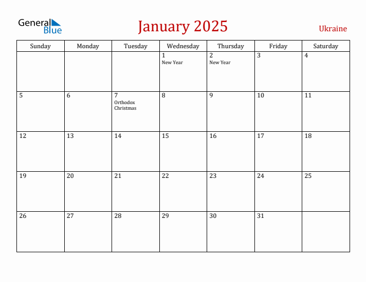 Ukraine January 2025 Calendar - Sunday Start