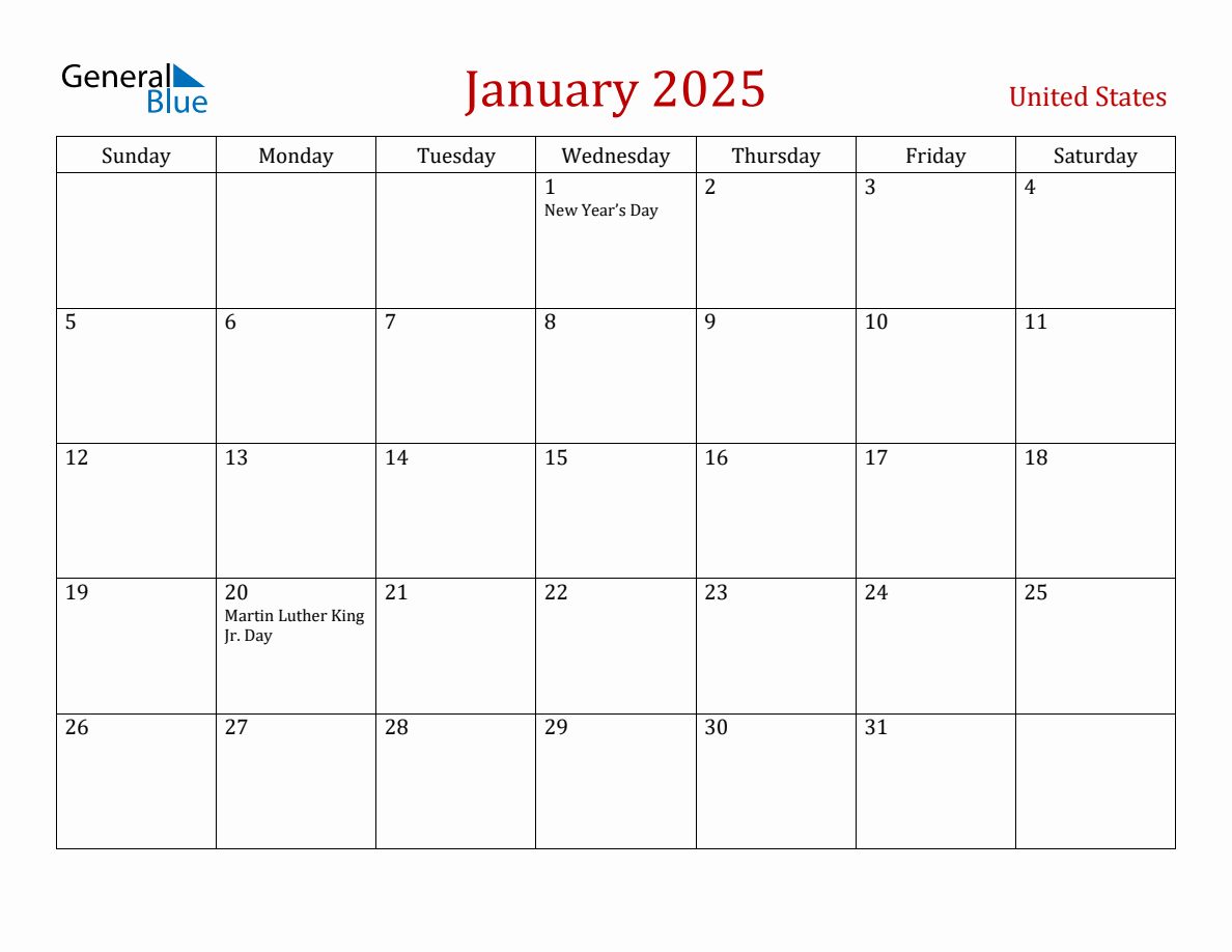 January 2025 United States Monthly Calendar with Holidays