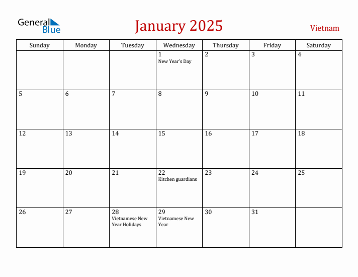 Vietnam January 2025 Calendar - Sunday Start