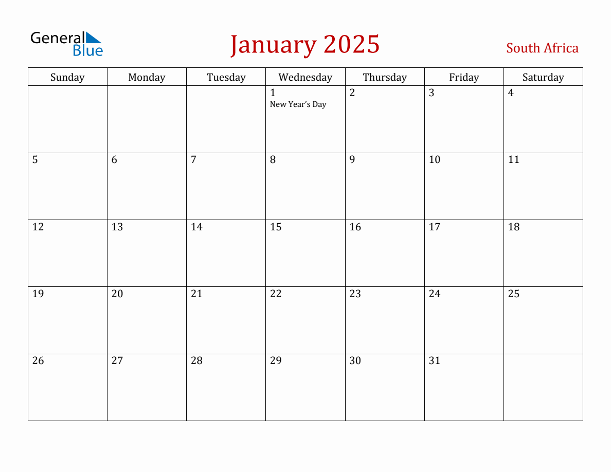 January 2025 South Africa Monthly Calendar with Holidays