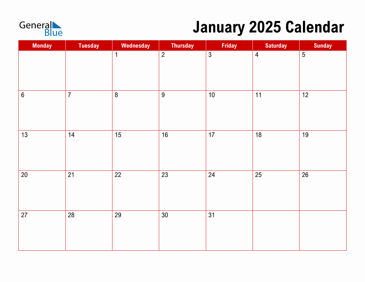 Basic Monthly Calendar January 2025