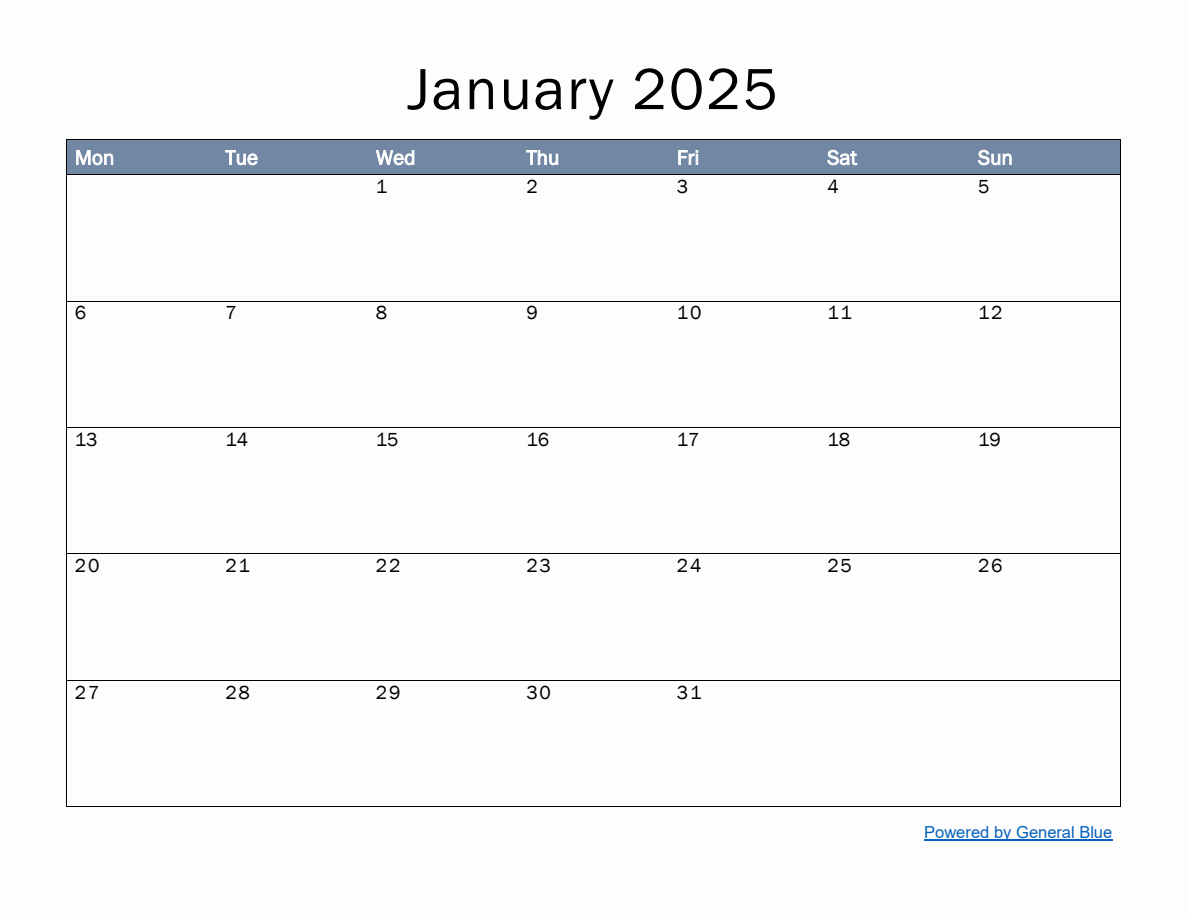 Monthly Calendar Template for January 2025