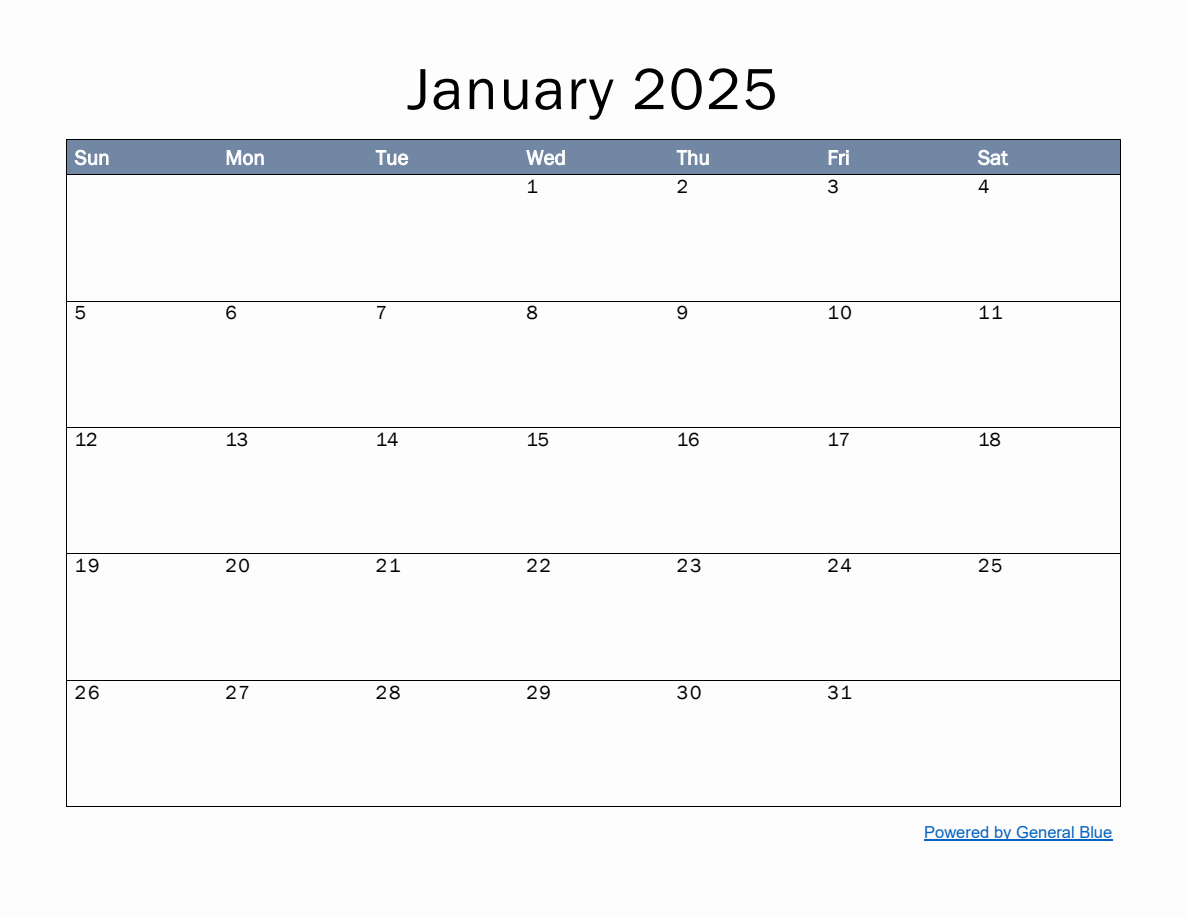 Monthly Calendar Template for January 2025