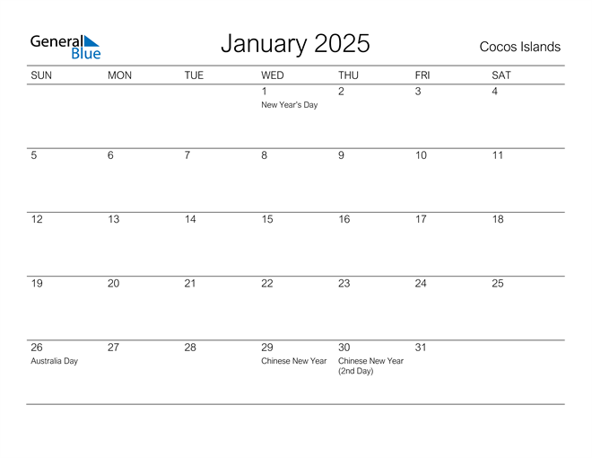 Cocos Islands January 2025 Calendar with Holidays
