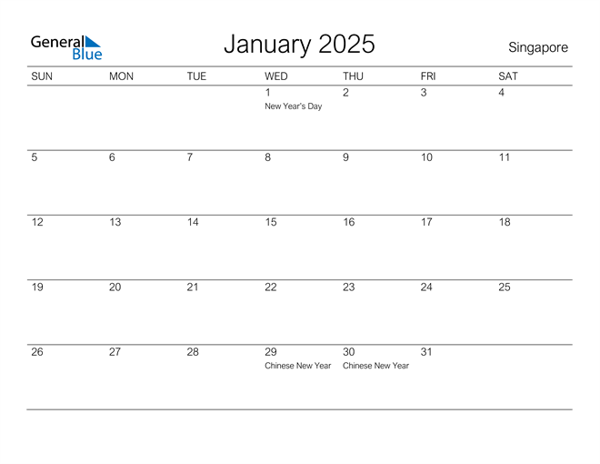 January 2025 Calendar with Singapore Holidays