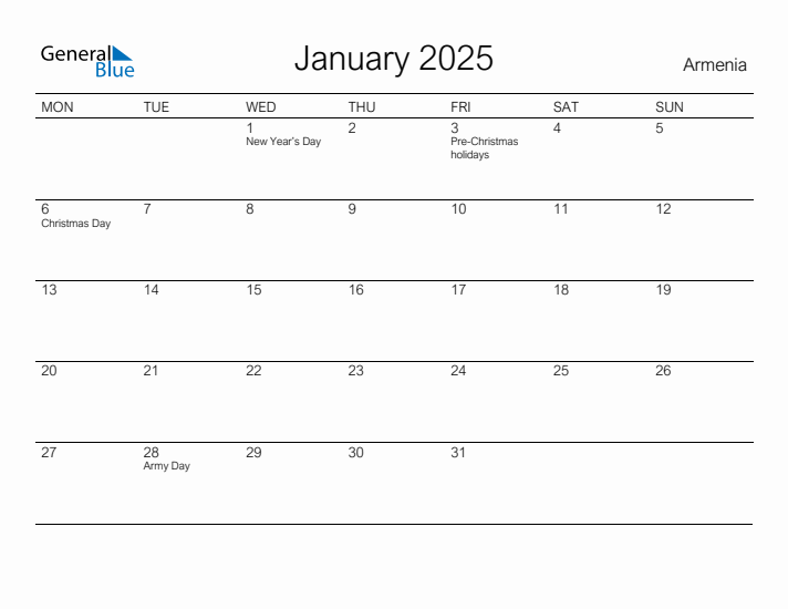 Printable January 2025 Calendar for Armenia