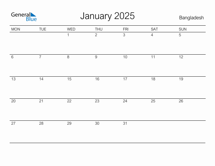 Printable January 2025 Calendar for Bangladesh