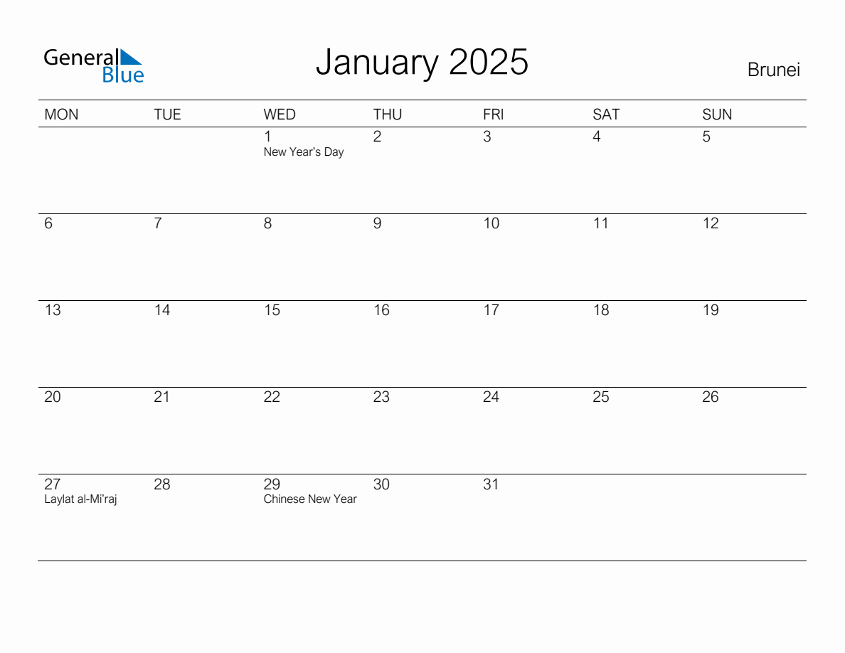 Printable January 2025 Monthly Calendar with Holidays for Brunei