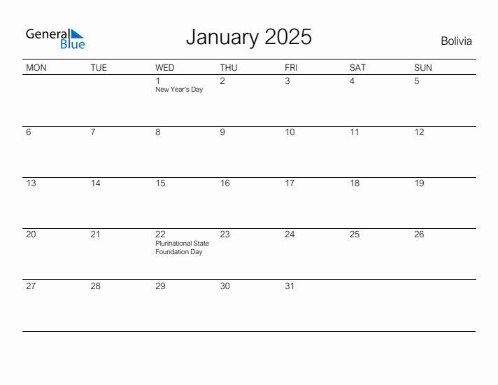 Printable January 2025 Calendar for Bolivia