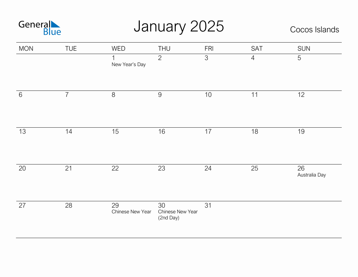 Printable January 2025 Monthly Calendar with Holidays for Cocos Islands