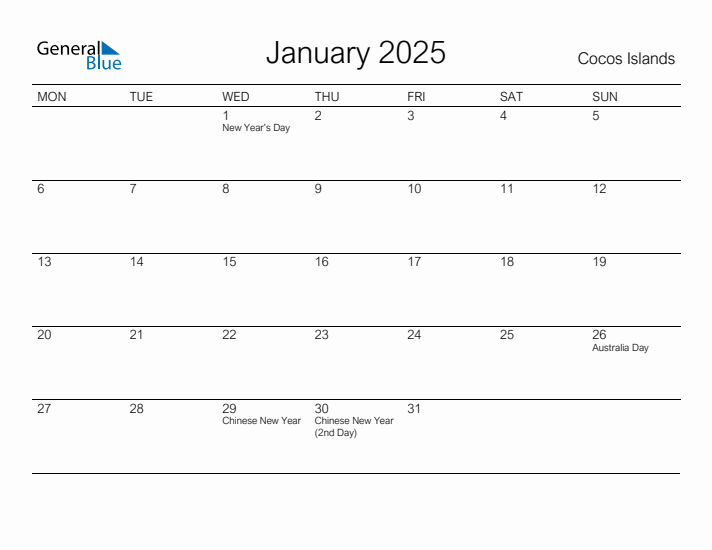 Printable January 2025 Calendar for Cocos Islands