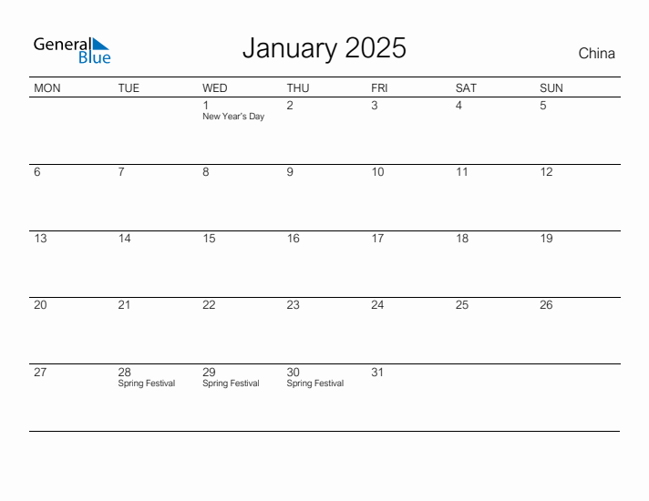 Printable January 2025 Calendar for China