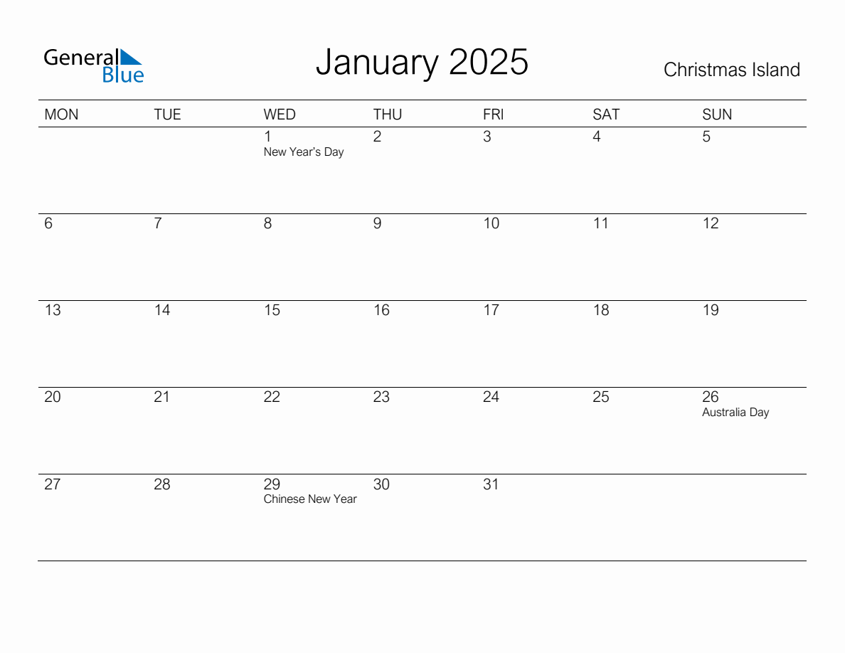 Printable January 2025 Monthly Calendar with Holidays for Christmas Island