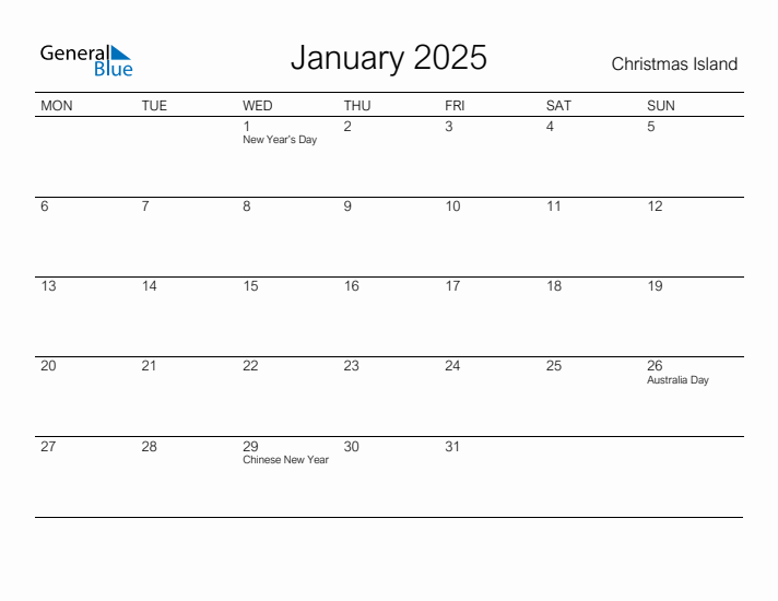 Printable January 2025 Monthly Calendar with Holidays for Christmas Island