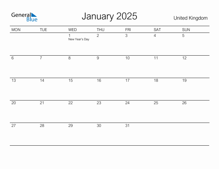 Printable January 2025 Monthly Calendar with Holidays for United Kingdom