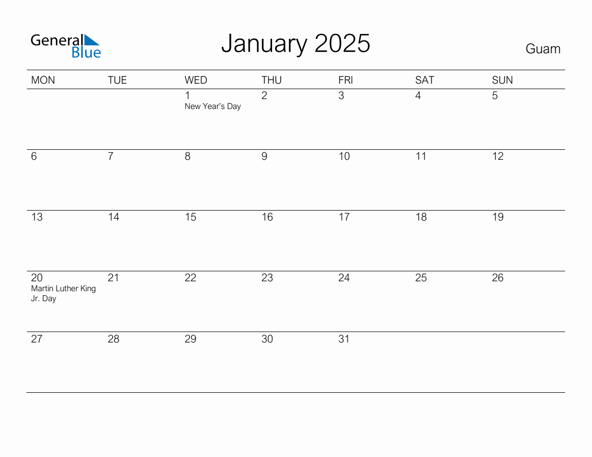 Printable January 2025 Monthly Calendar with Holidays for Guam