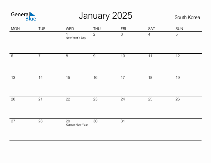 Printable January 2025 Calendar for South Korea