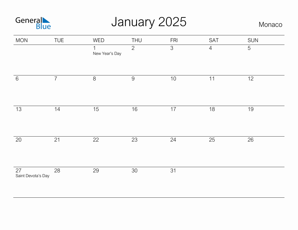 Printable January 2025 Monthly Calendar with Holidays for Monaco