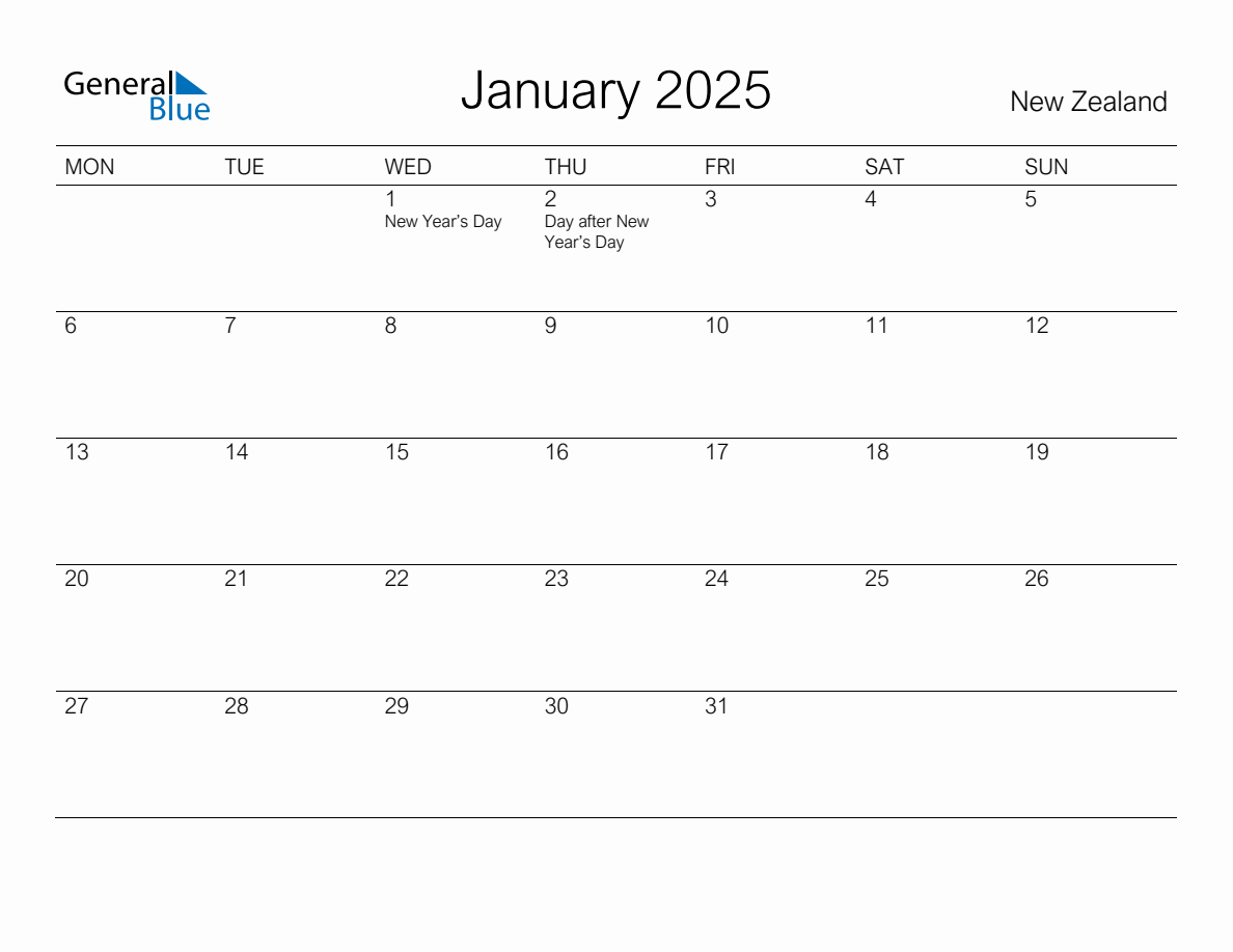 Printable January 2025 Monthly Calendar with Holidays for New Zealand