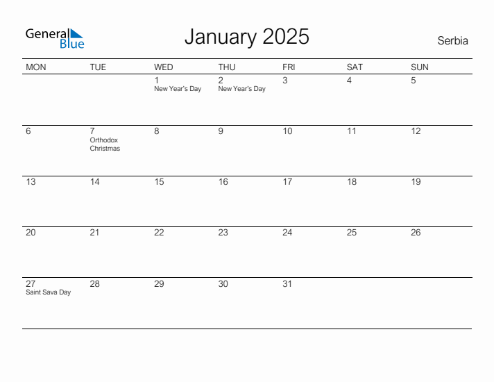 Printable January 2025 Calendar for Serbia
