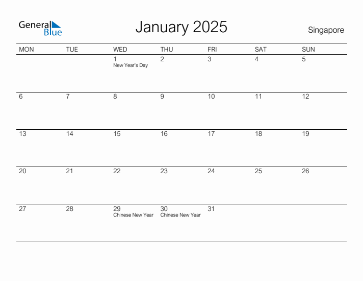 Printable January 2025 Calendar for Singapore