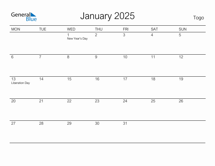 Printable January 2025 Calendar for Togo