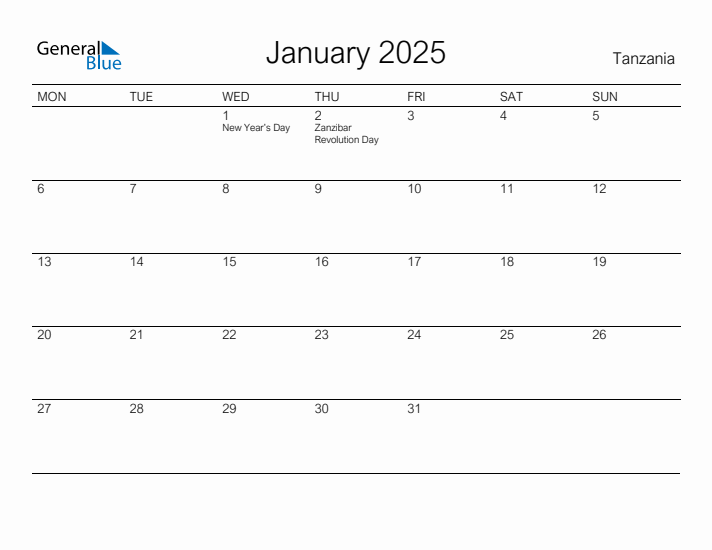 Printable January 2025 Calendar for Tanzania