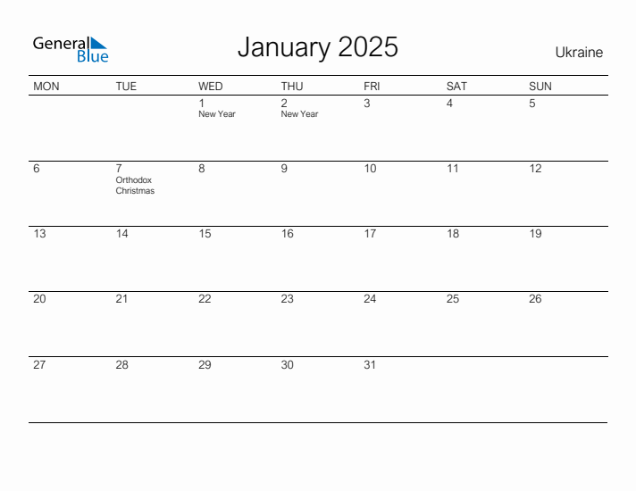 Printable January 2025 Monthly Calendar with Holidays for Ukraine