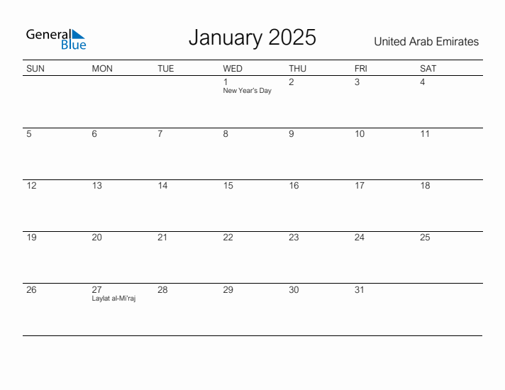 Printable January 2025 Calendar for United Arab Emirates