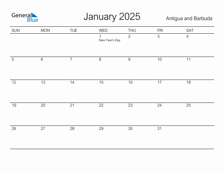 Printable January 2025 Calendar for Antigua and Barbuda