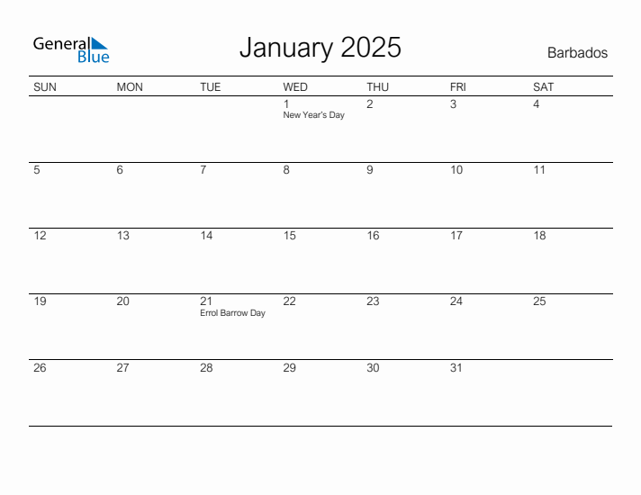 Printable January 2025 Calendar for Barbados