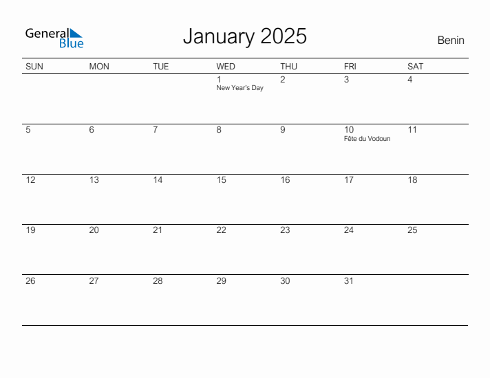 Printable January 2025 Monthly Calendar with Holidays for Benin