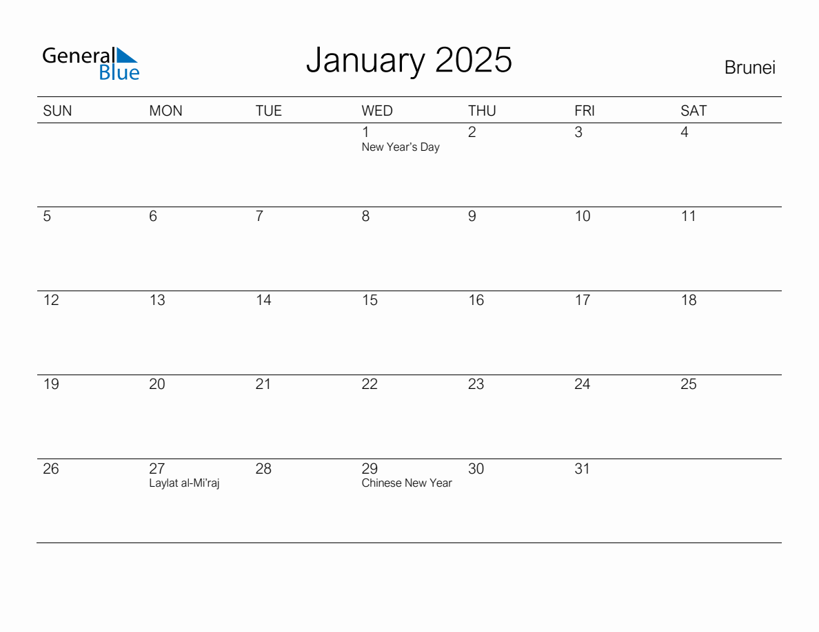 Printable January 2025 Monthly Calendar with Holidays for Brunei