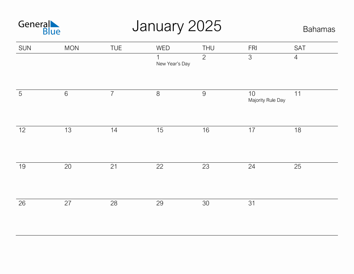 Printable January 2025 Monthly Calendar with Holidays for Bahamas