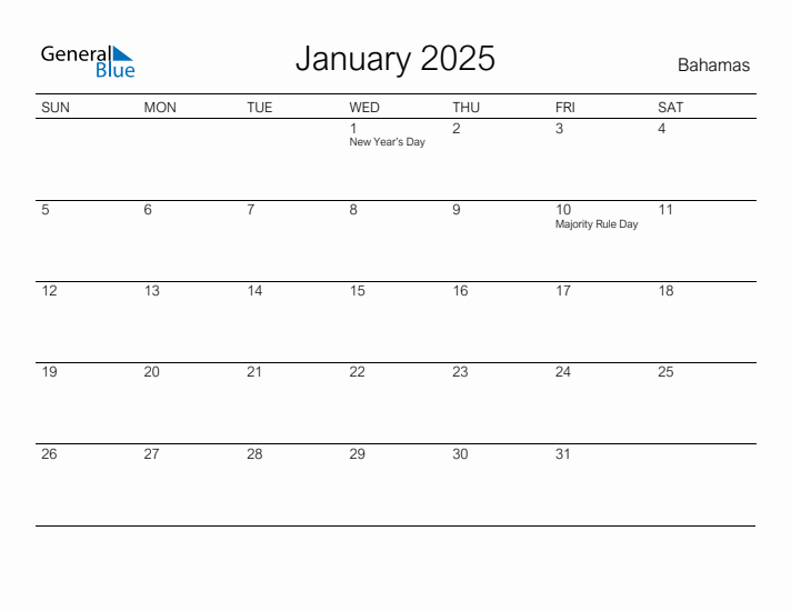 Printable January 2025 Calendar for Bahamas