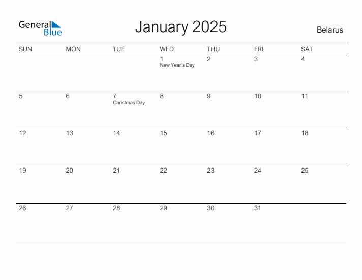 Printable January 2025 Calendar for Belarus