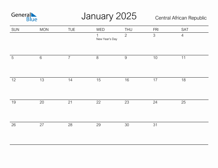 Printable January 2025 Calendar for Central African Republic