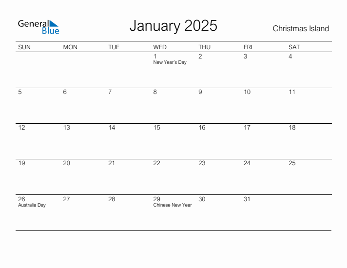 Printable January 2025 Monthly Calendar with Holidays for Christmas Island